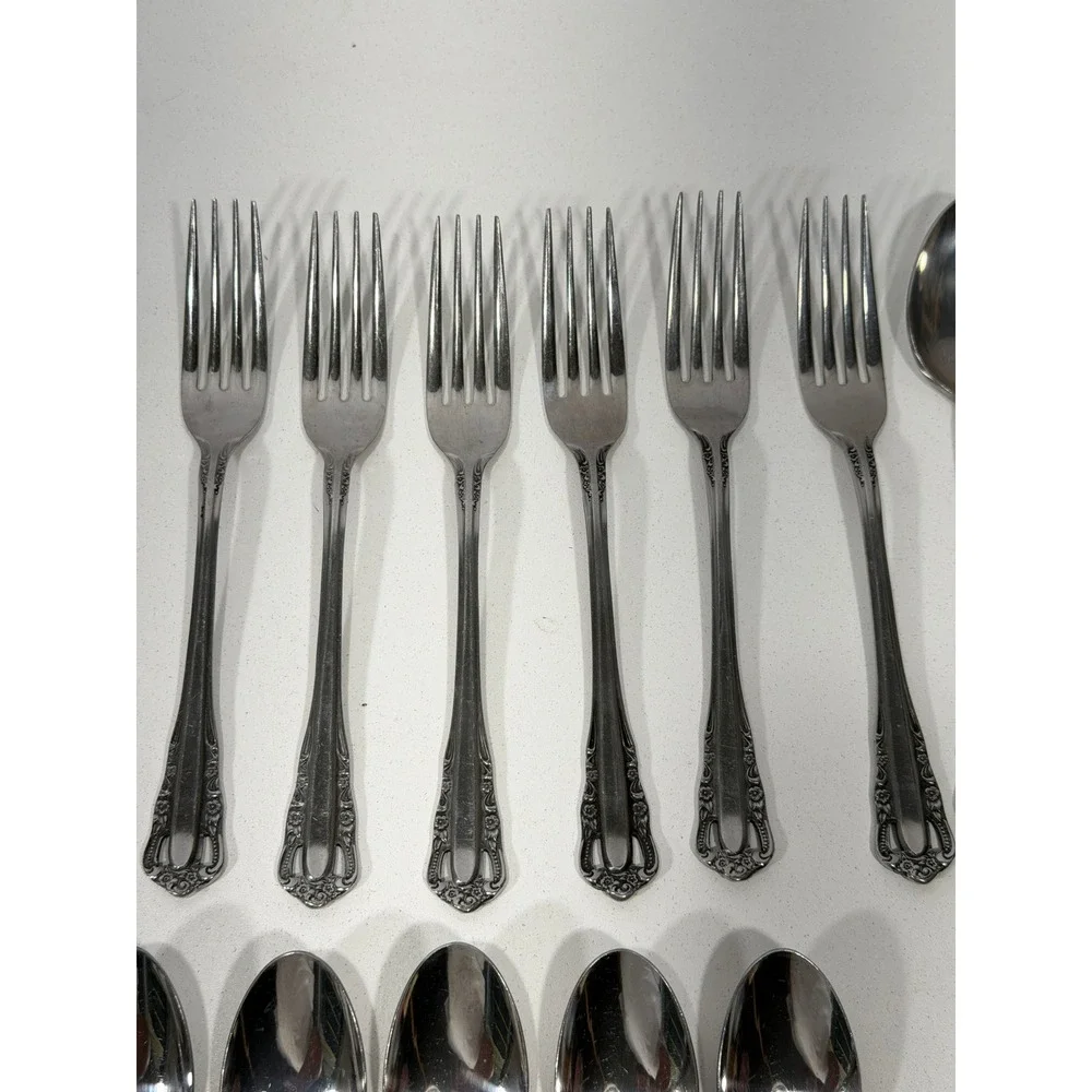 Vintage Ornate Floral Stainless Steel Flatware Set 37 Pieces Knives Forks Spoons